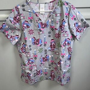 Disney Eeyore Patterned Scrub Top in Light Gray, Pink & Blue